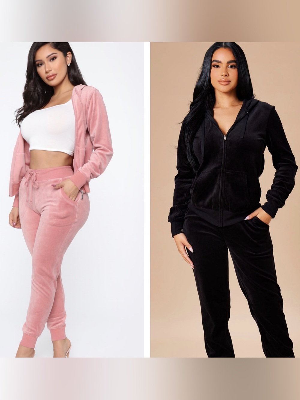 Two Fashion Nova Rose and Black Velour Zip-Up Hoodie and Pants Sets